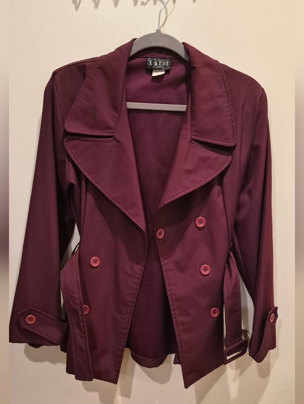 Classic Women's Belted Pea Coat - Burgundy - Picture 7 of 9